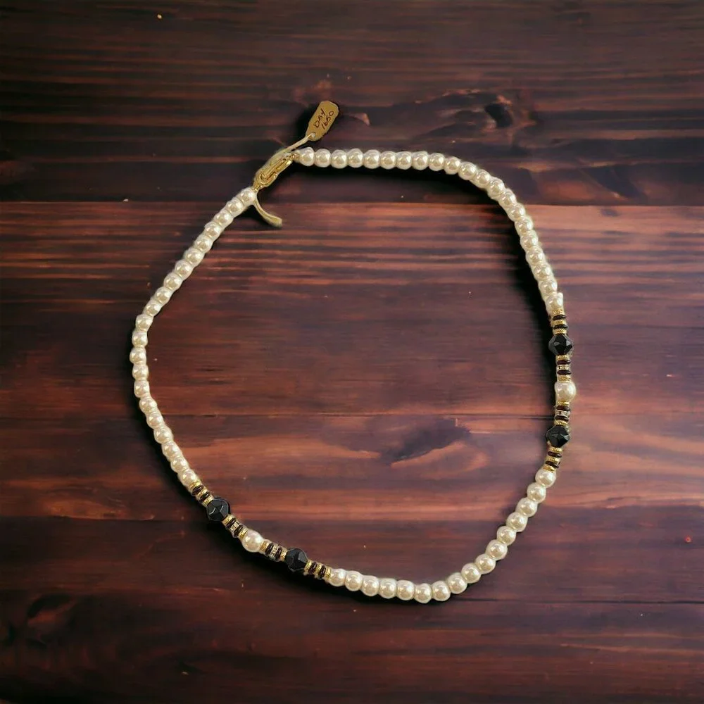 Vintage Pearlescent Necklace‎ Faux Pearls with Black and Gold Accents Costume